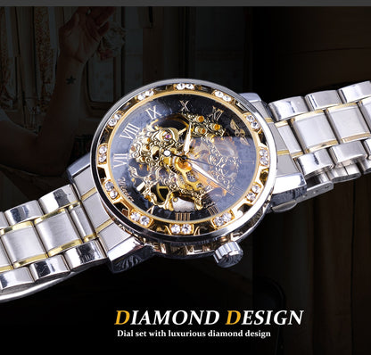 Winner Watch Men's Fashion Casual Hollow Rhinestone Manual Mechanical Watch