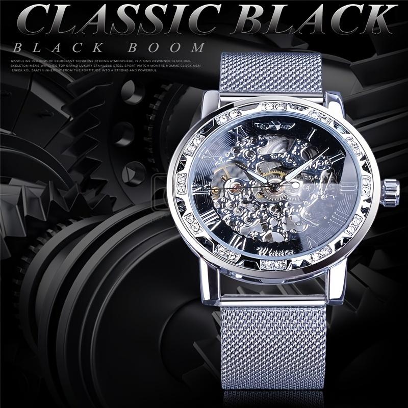 1pc Elegant Mens Mechanical Watch with Rhinestone Detailing and Transparent Hollow Design, Breathable Mesh Strap - Perfect for Business and Formal Events