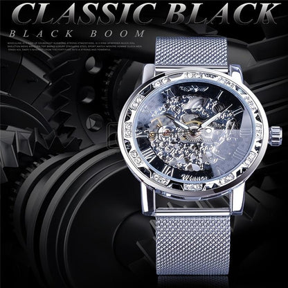 1pc Elegant Mens Mechanical Watch with Rhinestone Detailing and Transparent Hollow Design, Breathable Mesh Strap - Perfect for Business and Formal Events