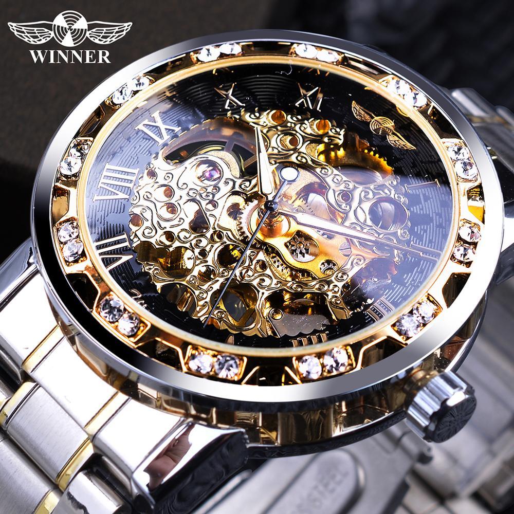 Winner Watch Men's Fashion Casual Hollow Rhinestone Manual Mechanical Watch