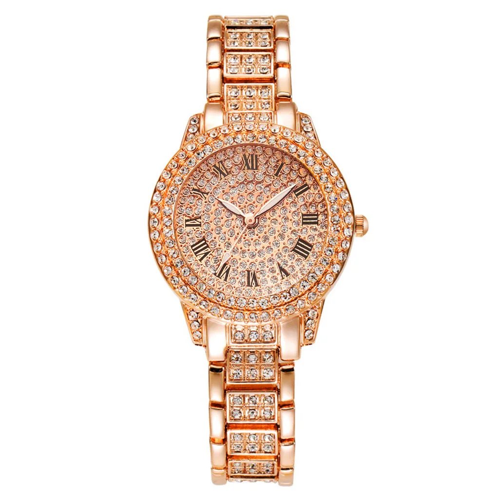 2pcs Luxury Women Diamond Watches Hip Hop Bracelet Ladies Quartz Watch Rose Gold Womens Wristwatch Shiny Crystal Reloj Mujer