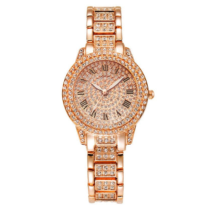 2pcs Luxury Women Diamond Watches Hip Hop Bracelet Ladies Quartz Watch Rose Gold Womens Wristwatch Shiny Crystal Reloj Mujer