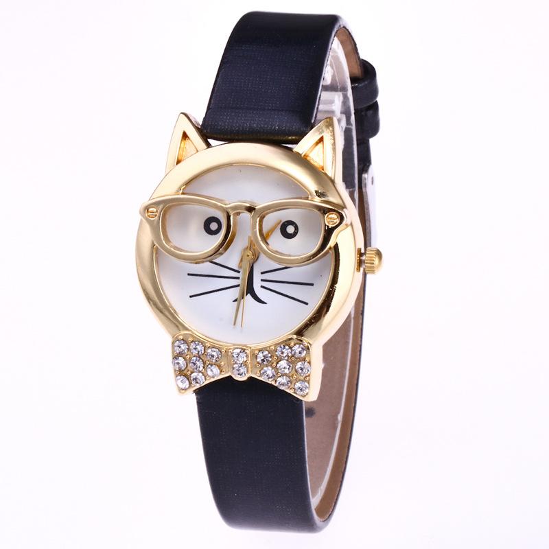 Animal Cat with Rhinestone Bow Tie Quartz Cartoon Watch