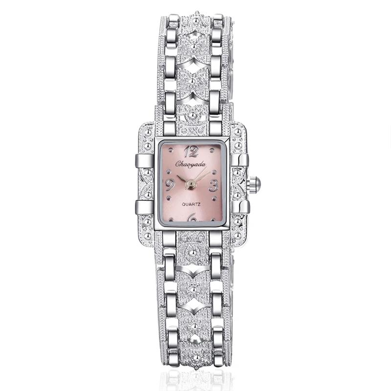 Women Rectangle Dial Silver Stainless Steel Crystal Watches