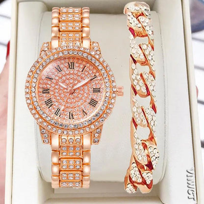 2pcs Luxury Women Diamond Watches Hip Hop Bracelet Ladies Quartz Watch Rose Gold Womens Wristwatch Shiny Crystal Reloj Mujer