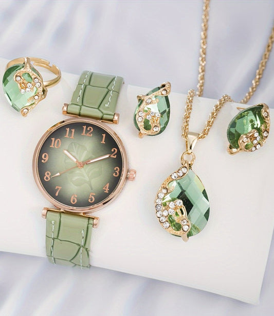 5PCS/Set Womens Leaf Print Fashion Watch & Jewelry Set