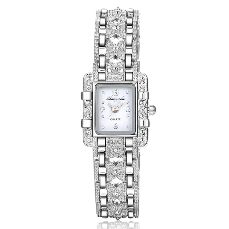 Women Rectangle Dial Silver Stainless Steel Crystal Watches