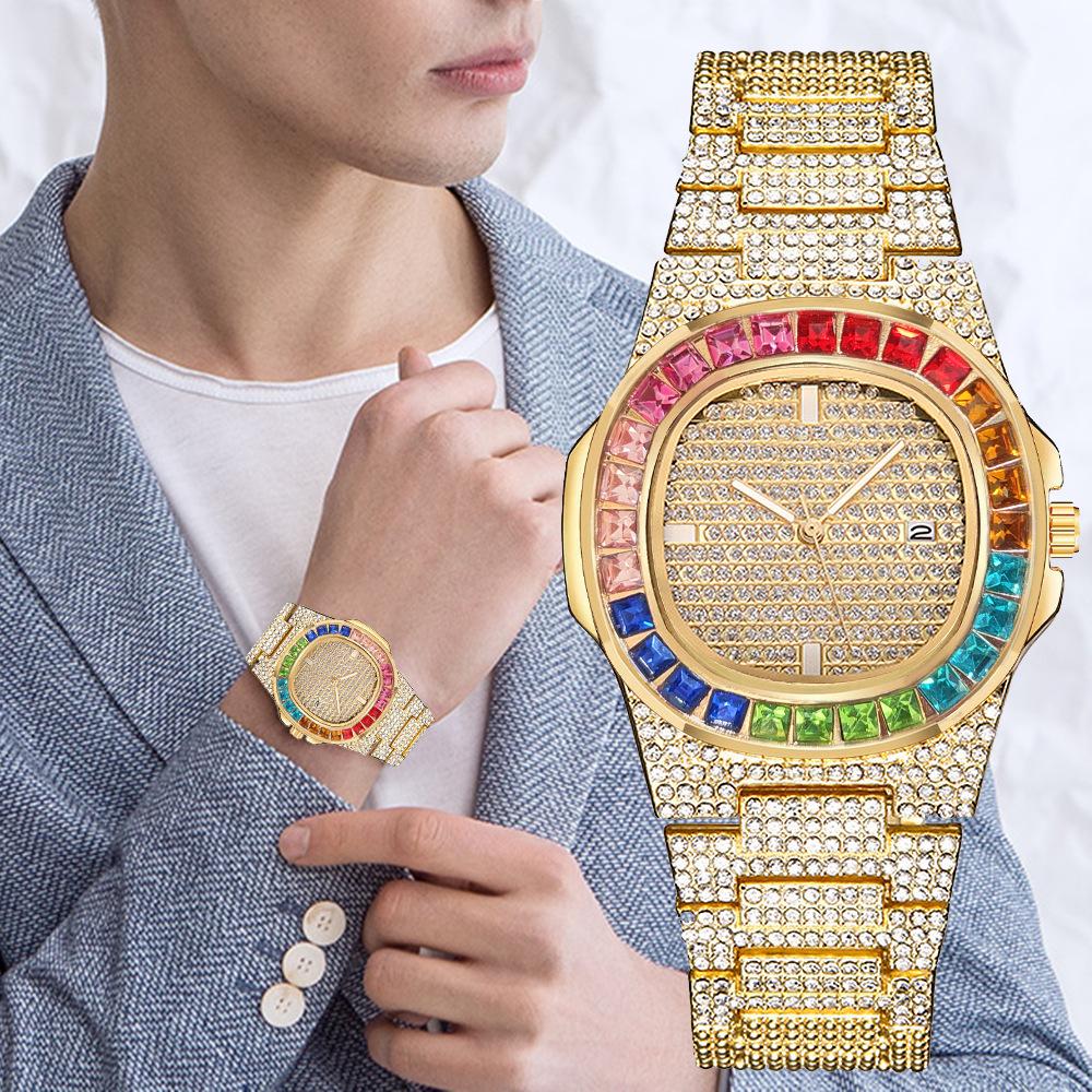 Luxury Branded Watches Stainless Steel Diamond Strap Fashion Men Calendar Watch