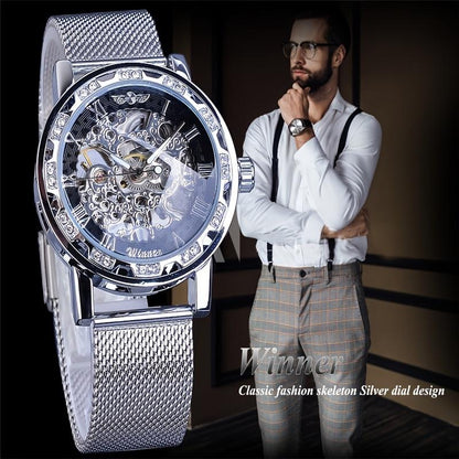 1pc Elegant Mens Mechanical Watch with Rhinestone Detailing and Transparent Hollow Design, Breathable Mesh Strap - Perfect for Business and Formal Events