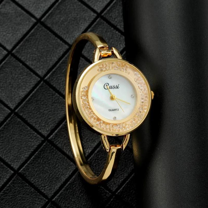 Gold Round Dial Ladies Rhinestone Quartz Watch