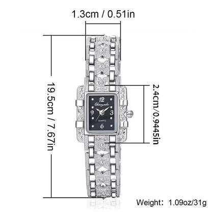 Women Rectangle Dial Silver Stainless Steel Crystal Watches