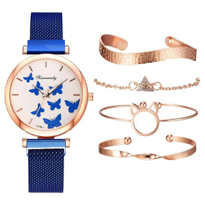 Woman's Butterfly Pattern Rose Gold Bracelet Watch Set