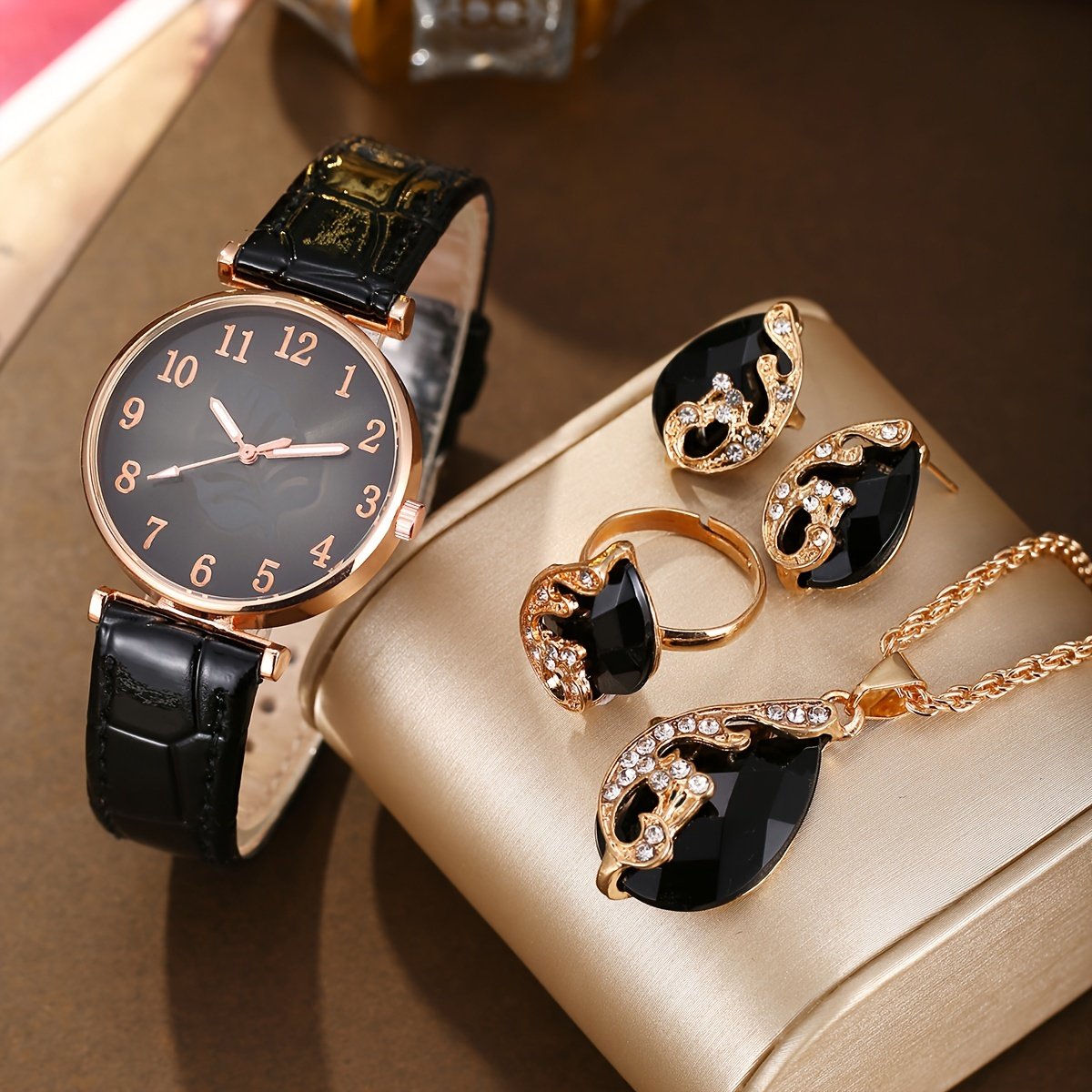 5PCS/Set Womens Leaf Print Fashion Watch & Jewelry Set