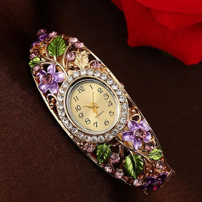 Women Gold Plated Crystal Flower Bangle Watches