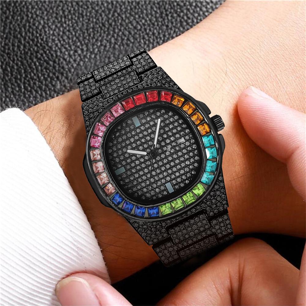 Luxury Branded Watches Stainless Steel Diamond Strap Fashion Men Calendar Watch