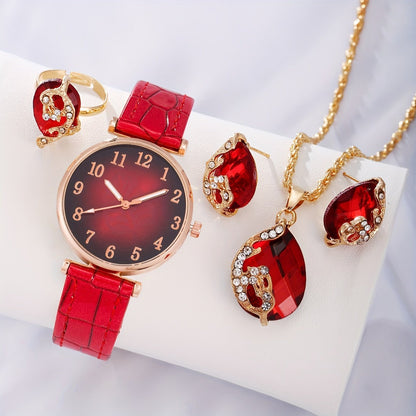 5PCS/Set Womens Leaf Print Fashion Watch & Jewelry Set