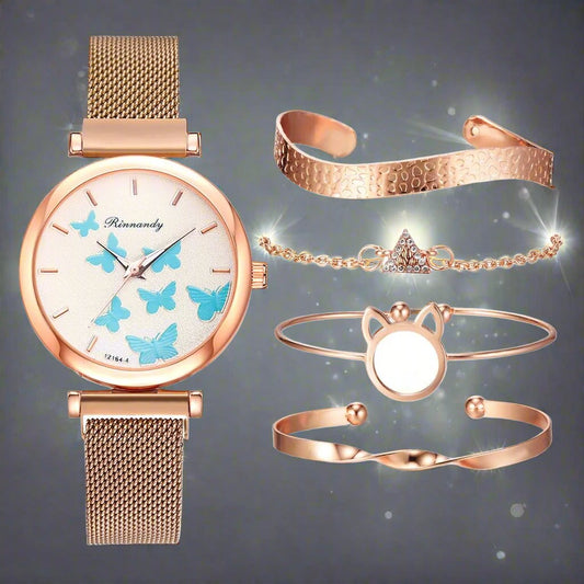 Woman's Butterfly Pattern Rose Gold Bracelet Watch Set