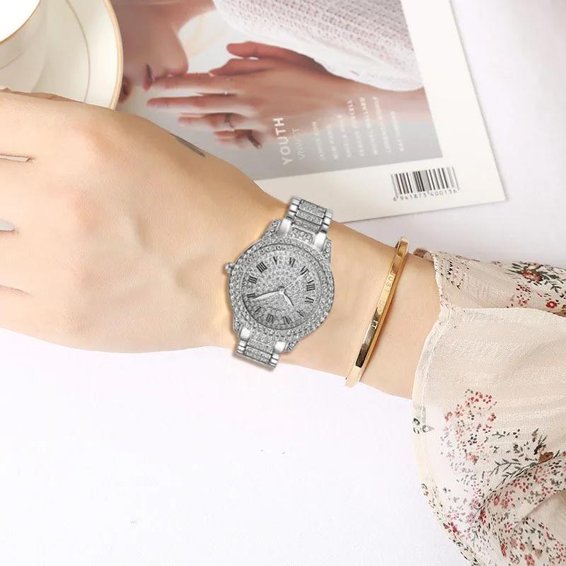 2pcs Luxury Women Diamond Watches Hip Hop Bracelet Ladies Quartz Watch Rose Gold Womens Wristwatch Shiny Crystal Reloj Mujer