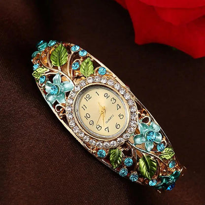 Women Gold Plated Crystal Flower Bangle Watches