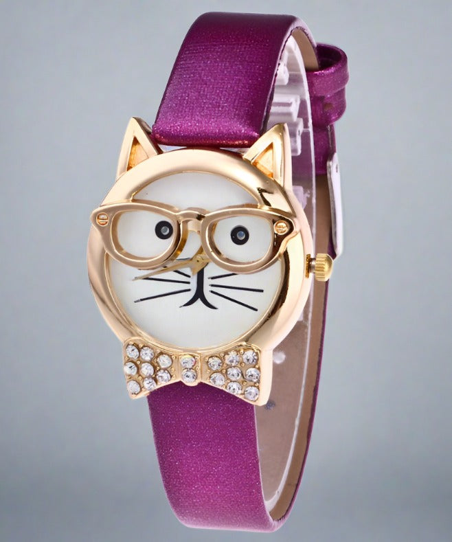 Animal Cat with Rhinestone Bow Tie Quartz Cartoon Watch