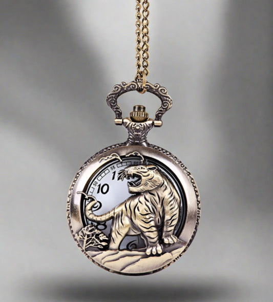 Antique Brass Relief Hollow Tiger Pocket Watch