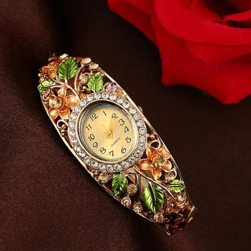 Women Gold Plated Crystal Flower Bangle Watches