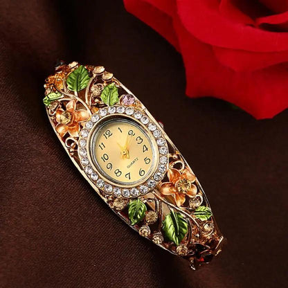 Women Gold Plated Crystal Flower Bangle Watches