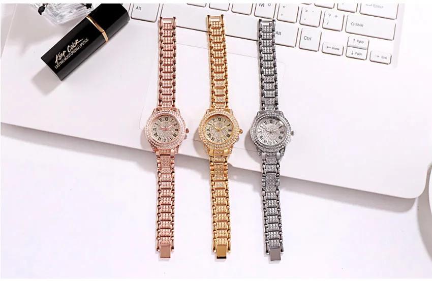 2pcs Luxury Women Diamond Watches Hip Hop Bracelet Ladies Quartz Watch Rose Gold Womens Wristwatch Shiny Crystal Reloj Mujer