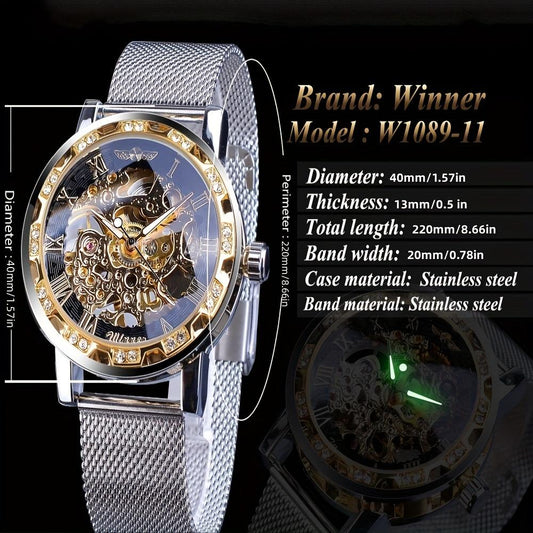 1pc Elegant Mens Mechanical Watch with Rhinestone Detailing and Transparent Hollow Design, Breathable Mesh Strap - Perfect for Business and Formal Events