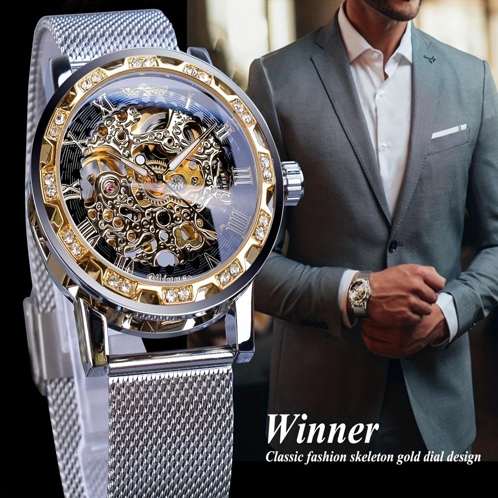 1pc Elegant Mens Mechanical Watch with Rhinestone Detailing and Transparent Hollow Design, Breathable Mesh Strap - Perfect for Business and Formal Events