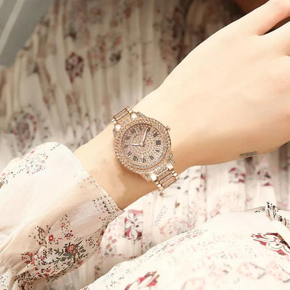 2pcs Luxury Women Diamond Watches Hip Hop Bracelet Ladies Quartz Watch Rose Gold Womens Wristwatch Shiny Crystal Reloj Mujer