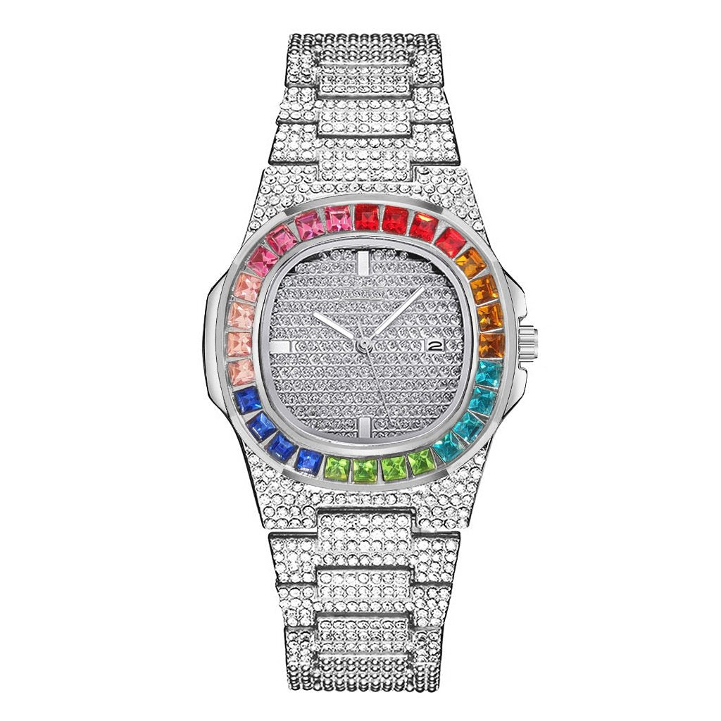 Luxury Branded Watches Stainless Steel Diamond Strap Fashion Men Calendar Watch