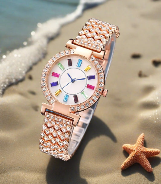 Women's Multicolored Gemstone Dial Quartz Watch