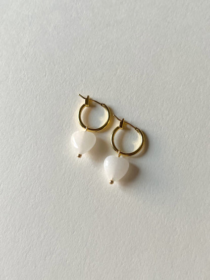 White Jade Heart Hoop Earrings